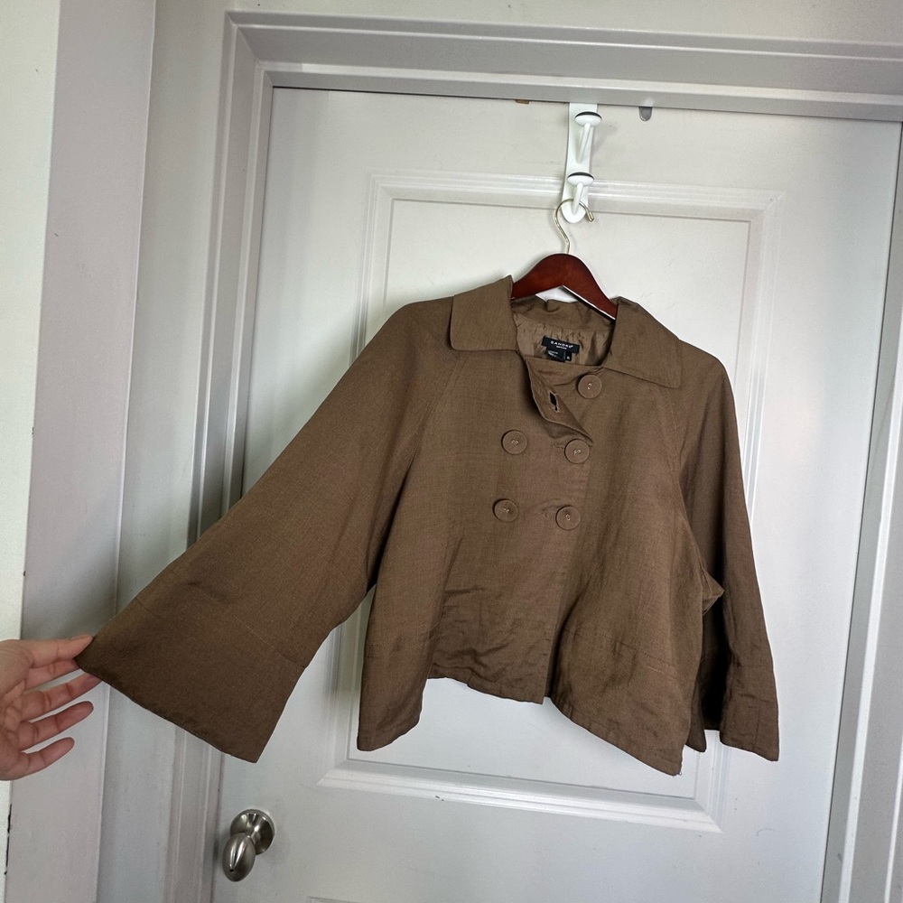 Sandro Linen Blend Crop Double Breasted Lightweight Brown Swing Blazer Jacket,XL - Picture 4 of 7